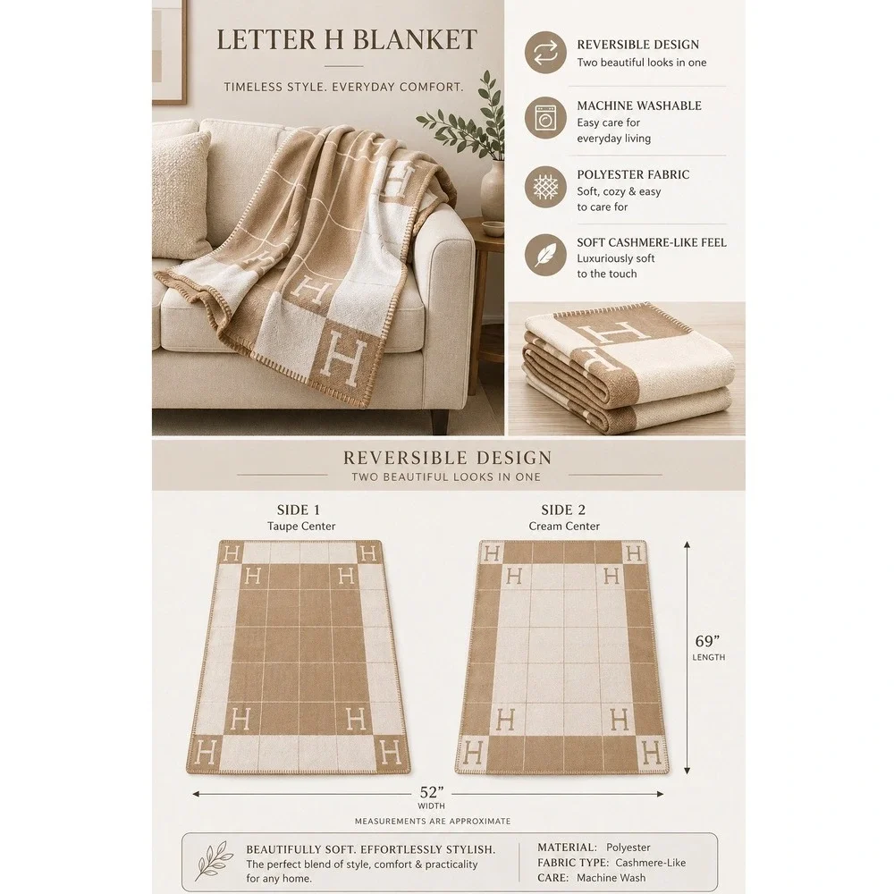 Letter H Throw Blanket 52x69 Tan Beige Reversible Cozy Home Decor NWOT
